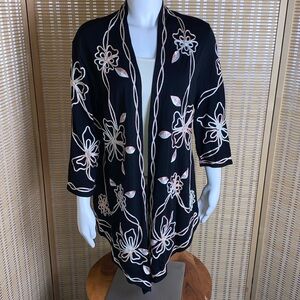 Once Again Woman’s Large Black Stitched Embroidered Boho Open Front Cardigan